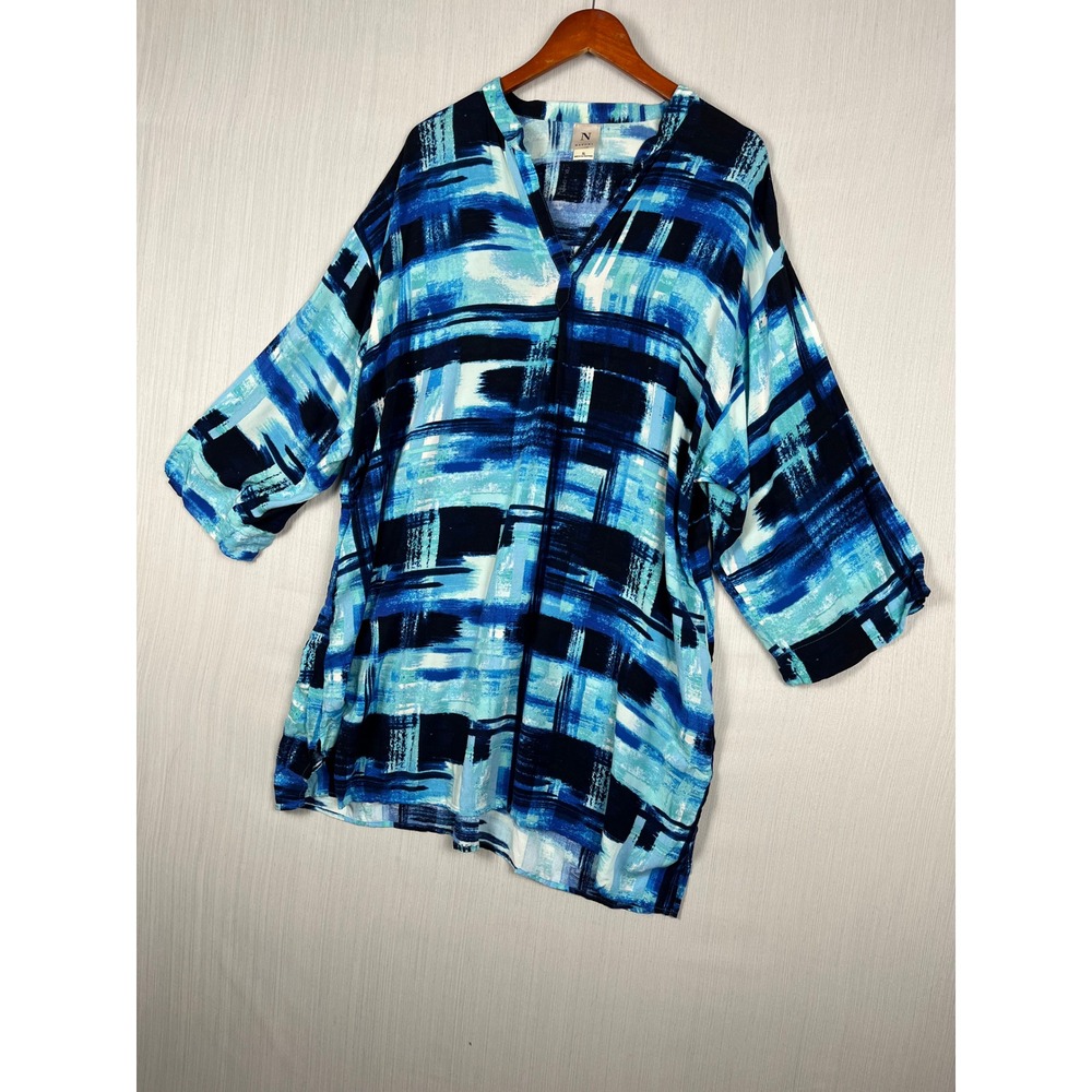 Natori Tunic Womens XL Blue Abstract Brushstroke Rayon V-Neck Pockets Loungewear